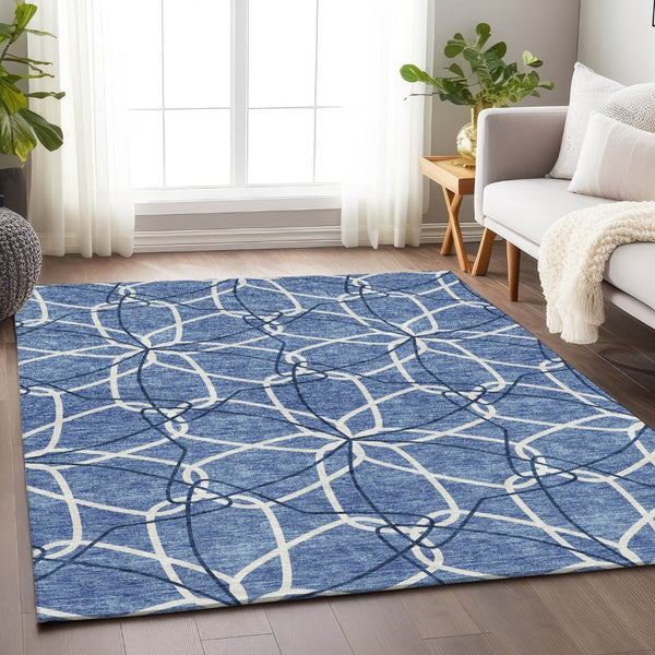 HomeRoots 5' X 8' Denim Blue & Ivory Geometric Area Rug - Washable, UV-Protected, Stain Resistant & Soft Surface 675494