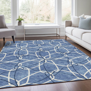 HomeRoots 5' X 8' Denim Blue & Ivory Geometric Area Rug - Washable, UV-Protected, Stain Resistant & Soft Surface 675494