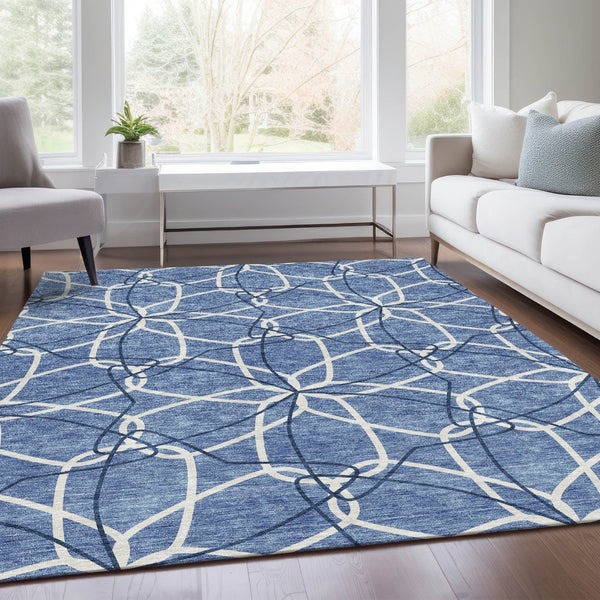HomeRoots 5' X 8' Denim Blue & Ivory Geometric Area Rug - Washable, UV-Protected, Stain Resistant & Soft Surface 675494