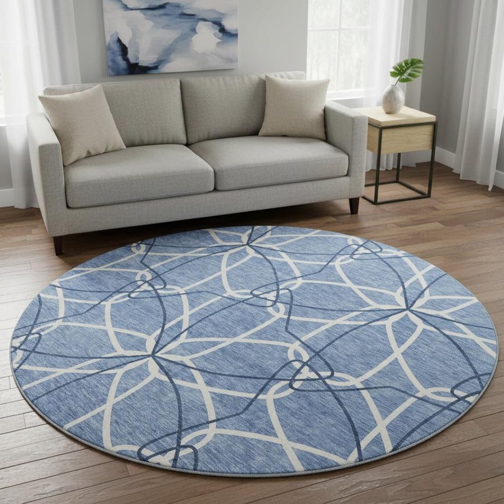 HomeRoots 8' Denim Blue & Ivory Geometric Round Rug – Washable, UV-Protected, Ideal for Homes with Kids & Pets 675495