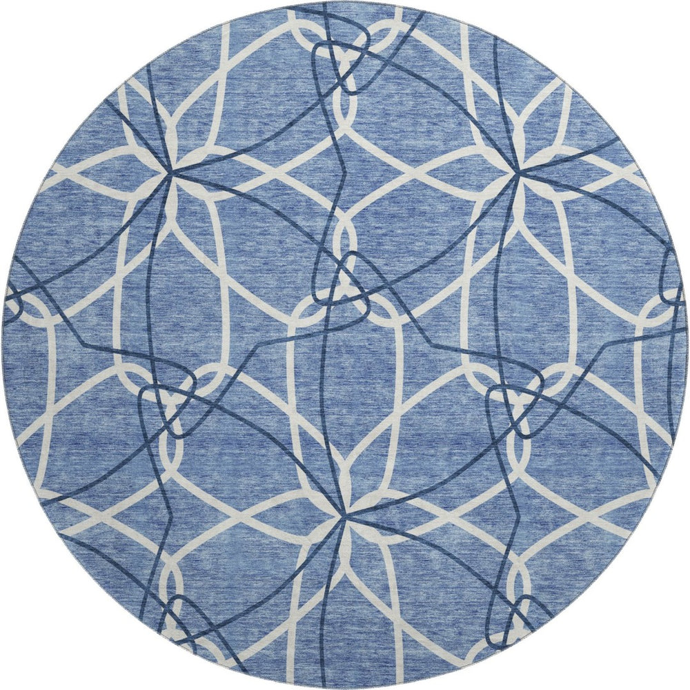 HomeRoots 8' Denim Blue & Ivory Geometric Round Rug – Washable, UV-Protected, Ideal for Homes with Kids & Pets 675495