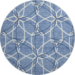 HomeRoots 8' Denim Blue & Ivory Geometric Round Rug – Washable, UV-Protected, Ideal for Homes with Kids & Pets 675495
