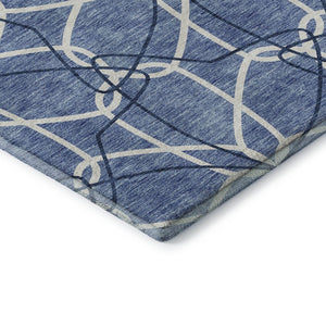 HomeRoots 8' Denim Blue & Ivory Geometric Round Rug – Washable, UV-Protected, Ideal for Homes with Kids & Pets 675495