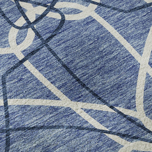 HomeRoots 8' Denim Blue & Ivory Geometric Round Rug – Washable, UV-Protected, Ideal for Homes with Kids & Pets 675495