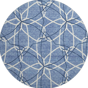 HomeRoots 8' Denim Blue & Ivory Geometric Round Rug – Washable, UV-Protected, Ideal for Homes with Kids & Pets 675495