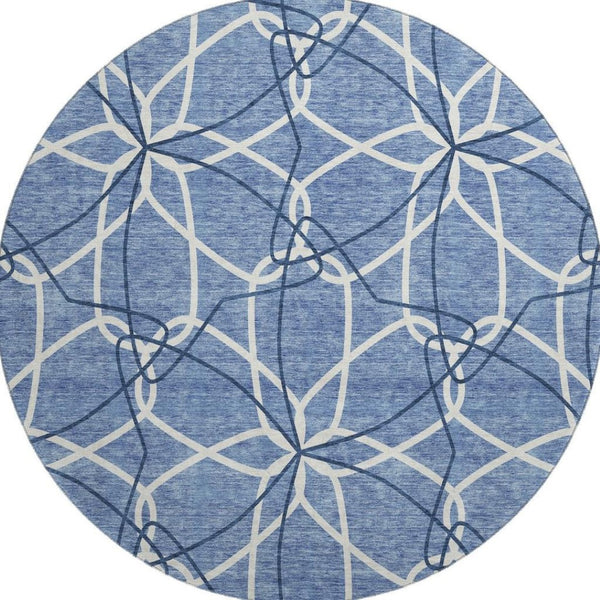 HomeRoots 8' Denim Blue & Ivory Geometric Round Rug – Washable, UV-Protected, Ideal for Homes with Kids & Pets 675495