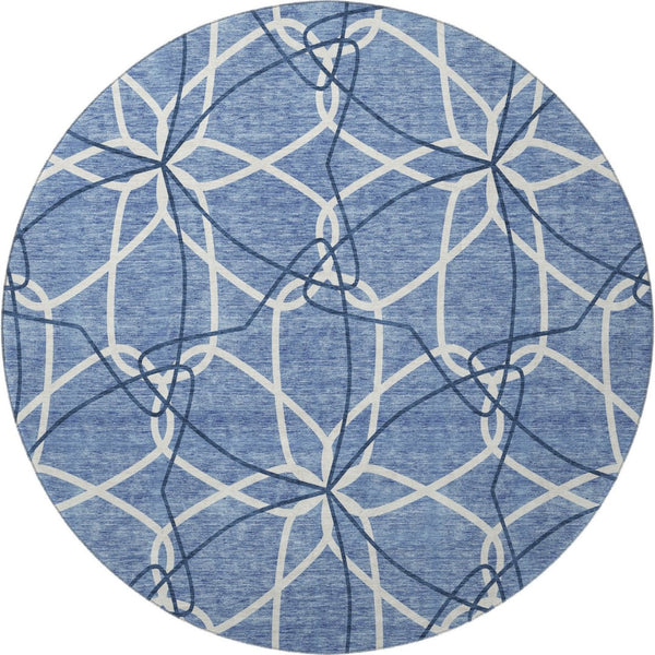 HomeRoots 8' Denim Blue & Ivory Geometric Round Rug – Washable, UV-Protected, Ideal for Homes with Kids & Pets 675495