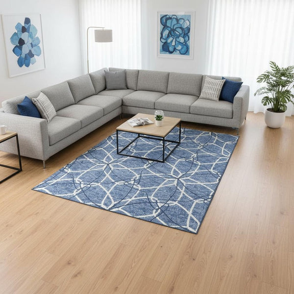 HomeRoots 8' X 10' Stylish Denim Blue & Ivory Geometric Area Rug - Washable, UV Protected, Durable & Easy Care 675496