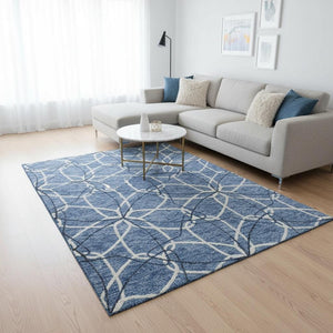 HomeRoots 9' X 12' Denim Blue Geometric Washable Area Rug with UV Protection - Stylish & Durable for Homes! 675497