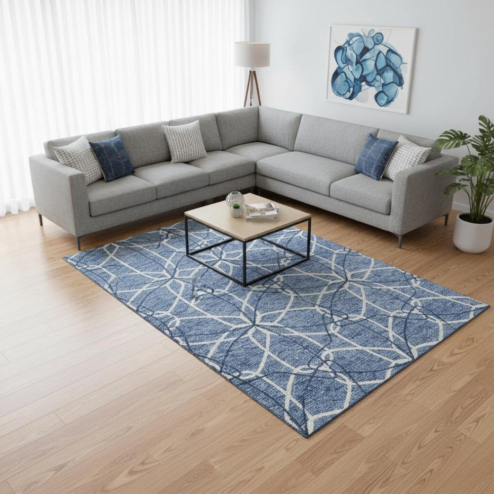HomeRoots 10' Denim Blue & Ivory Geometric Area Rug – Washable, UV Protected, Perfect for High-Traffic Spaces 675498