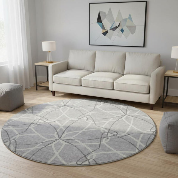 HomeRoots 8' Gray and Ivory Geometric Round Rug - Washable, UV-Protected, Stylish for High-Traffic Areas 675501