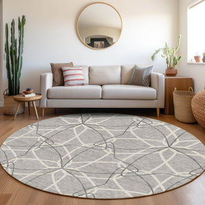 HomeRoots 8' Gray and Ivory Geometric Round Rug - Washable, UV-Protected, Stylish for High-Traffic Areas 675501