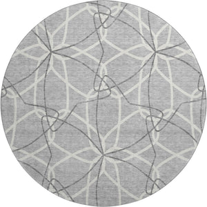 HomeRoots 8' Gray and Ivory Geometric Round Rug - Washable, UV-Protected, Stylish for High-Traffic Areas 675501