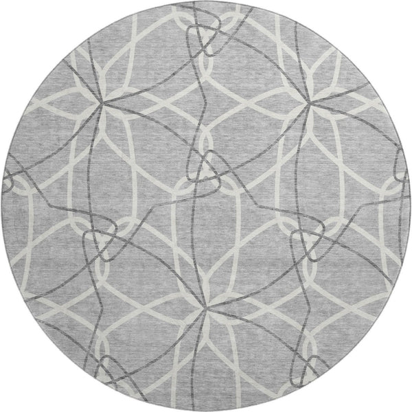 HomeRoots 8' Gray and Ivory Geometric Round Rug - Washable, UV-Protected, Stylish for High-Traffic Areas 675501
