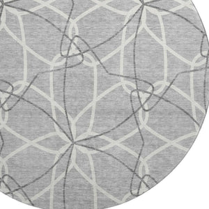 HomeRoots 8' Gray and Ivory Geometric Round Rug - Washable, UV-Protected, Stylish for High-Traffic Areas 675501