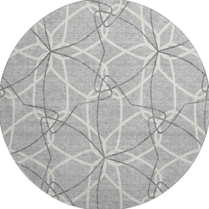 HomeRoots 8' Gray and Ivory Geometric Round Rug - Washable, UV-Protected, Stylish for High-Traffic Areas 675501
