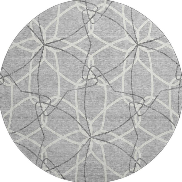 HomeRoots 8' Gray and Ivory Geometric Round Rug - Washable, UV-Protected, Stylish for High-Traffic Areas 675501