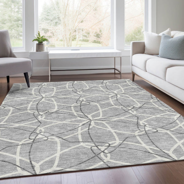 HomeRoots 8' X 10' Gray And Ivory Geometric Area Rug - Washable, Durable, UV Protected for High-Traffic Spaces 675502