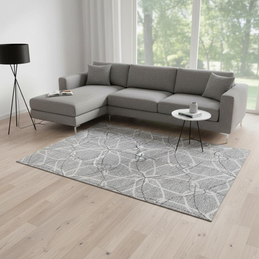 HomeRoots 9' X 12' Gray and Ivory Geometric Area Rug - Washable, UV-Protected, Perfect for Family Spaces! 675503
