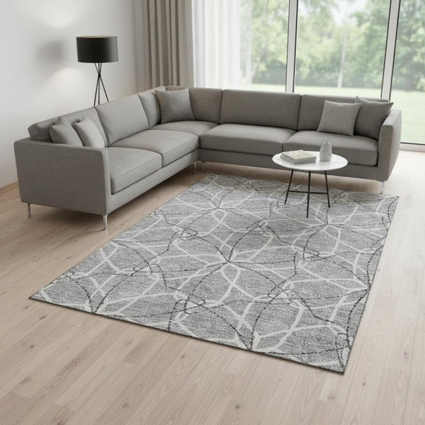 HomeRoots 10' X 14' Gray and Ivory Geometric Washable Area Rug with UV Protection for High-Traffic Spaces 675504