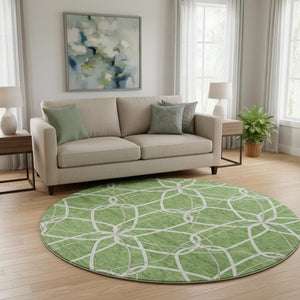 HomeRoots 8' Green Ivory and Gray Geometric Washable Round Rug - UV Protected, Durable, Family-Friendly Design 675507
