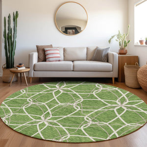 HomeRoots 8' Green Ivory and Gray Geometric Washable Round Rug - UV Protected, Durable, Family-Friendly Design 675507