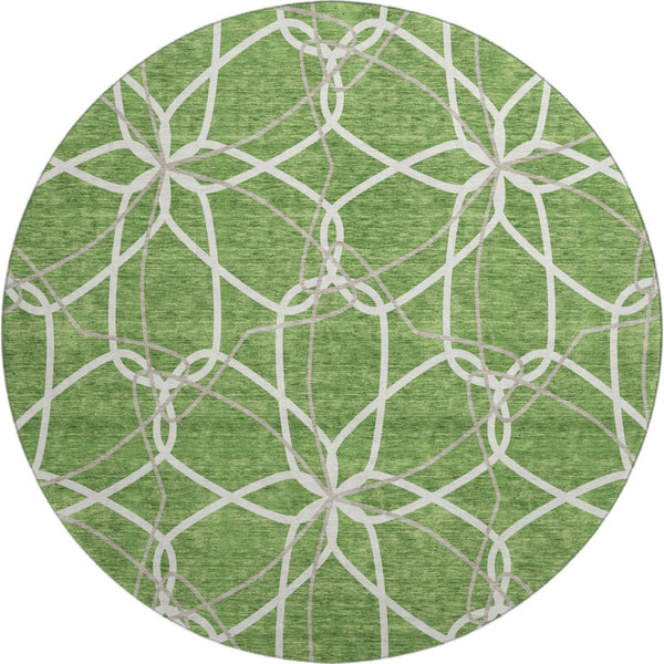 HomeRoots 8' Green Ivory and Gray Geometric Washable Round Rug - UV Protected, Durable, Family-Friendly Design 675507