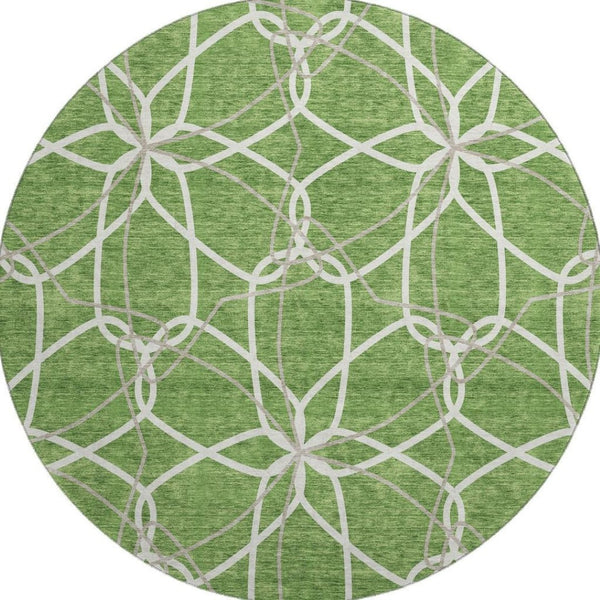 HomeRoots 8' Green Ivory and Gray Geometric Washable Round Rug - UV Protected, Durable, Family-Friendly Design 675507