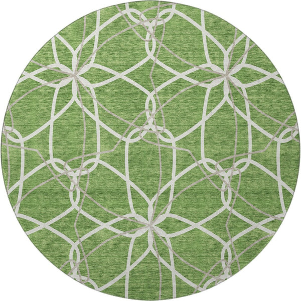 HomeRoots 8' Green Ivory and Gray Geometric Washable Round Rug - UV Protected, Durable, Family-Friendly Design 675507
