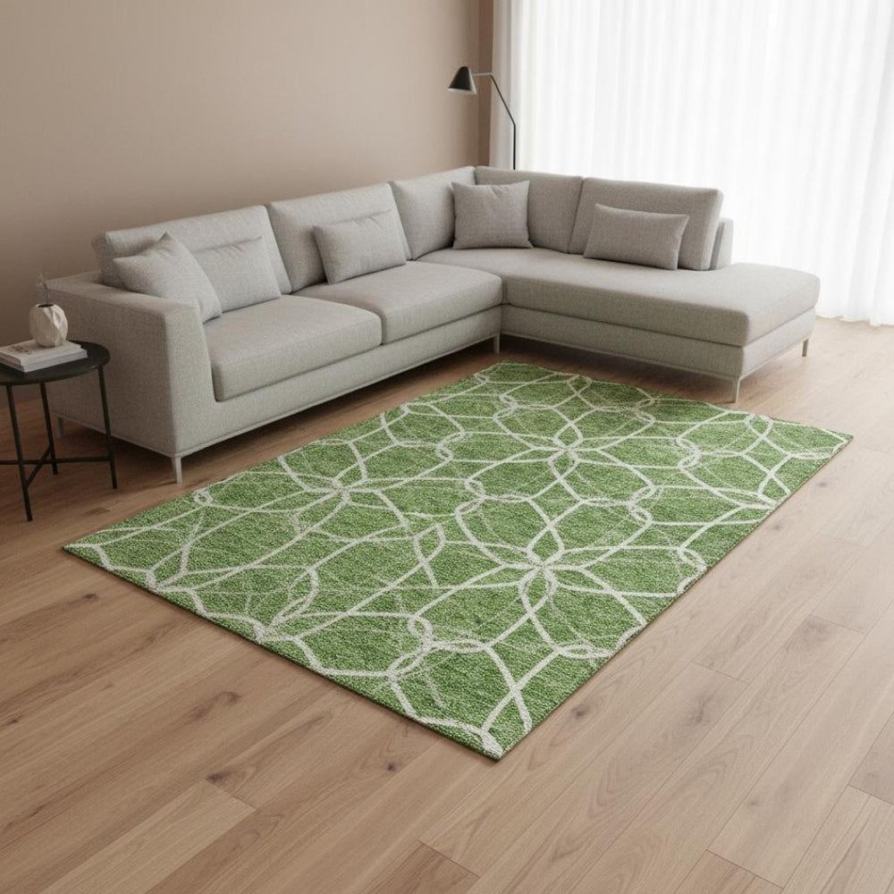 HomeRoots 8' X 10' Stylish Green, Ivory & Gray Geometric Area Rug - Washable, UV-Protected & Durable Design! 675508