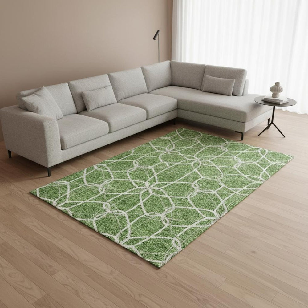 HomeRoots 9' X 12' Geometric Area Rug with UV Protection - Durable Green, Ivory & Gray Design for High-Traffic Areas 675509