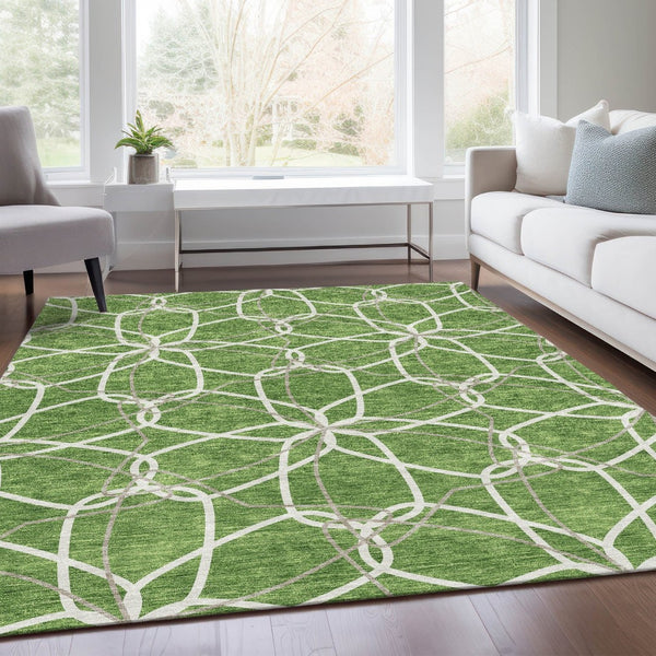 HomeRoots 9' X 12' Geometric Area Rug with UV Protection - Durable Green, Ivory & Gray Design for High-Traffic Areas 675509
