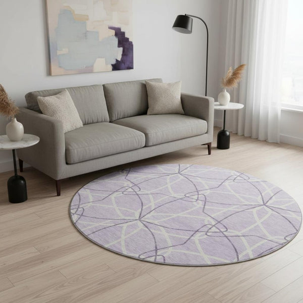 HomeRoots 8' Lavender and Ivory Geometric Washable Round Rug with UV Protection for Modern Homes & Easy Care 675513