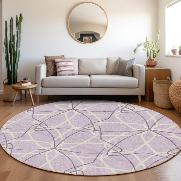 HomeRoots 8' Lavender and Ivory Geometric Washable Round Rug with UV Protection for Modern Homes & Easy Care 675513