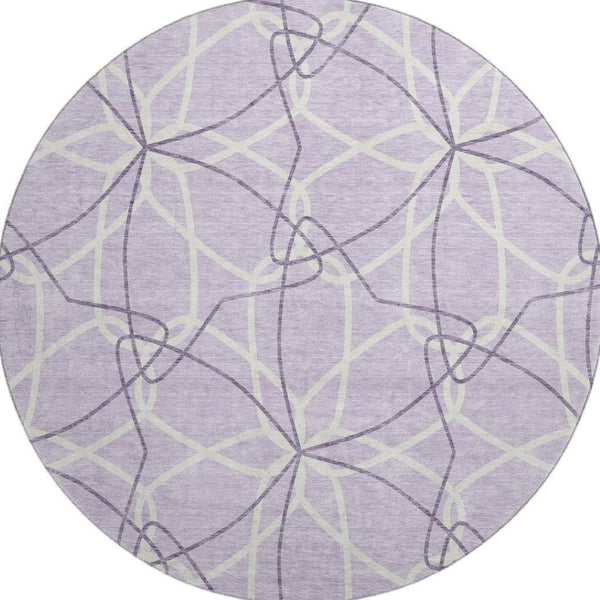 HomeRoots 8' Lavender and Ivory Geometric Washable Round Rug with UV Protection for Modern Homes & Easy Care 675513