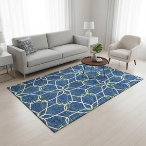 HomeRoots 5' X 8' Stylish Navy Blue, Ivory & Green Geometric Washable Area Rug with UV Protection & Non-Slip Backing 675518