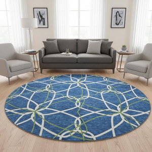 HomeRoots 8' Navy Blue, Ivory & Green Geometric Round Rug - Washable, UV-Protected, Durable for High-Traffic Areas 675519