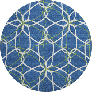 HomeRoots 8' Navy Blue, Ivory & Green Geometric Round Rug - Washable, UV-Protected, Durable for High-Traffic Areas 675519