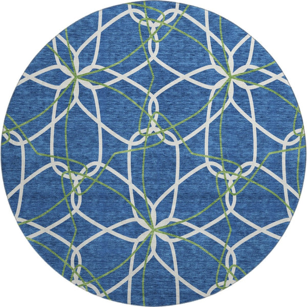 HomeRoots 8' Navy Blue, Ivory & Green Geometric Round Rug - Washable, UV-Protected, Durable for High-Traffic Areas 675519
