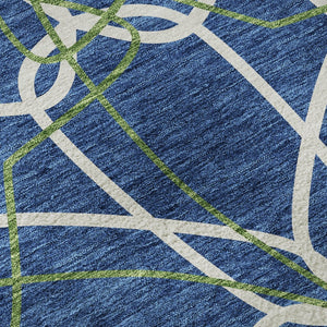 HomeRoots 8' Navy Blue, Ivory & Green Geometric Round Rug - Washable, UV-Protected, Durable for High-Traffic Areas 675519