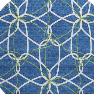 HomeRoots 8' Navy Blue, Ivory & Green Geometric Round Rug - Washable, UV-Protected, Durable for High-Traffic Areas 675519