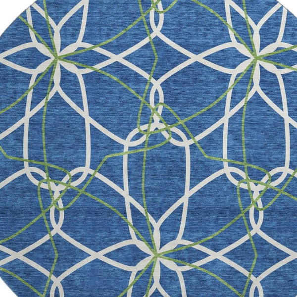 HomeRoots 8' Navy Blue, Ivory & Green Geometric Round Rug - Washable, UV-Protected, Durable for High-Traffic Areas 675519