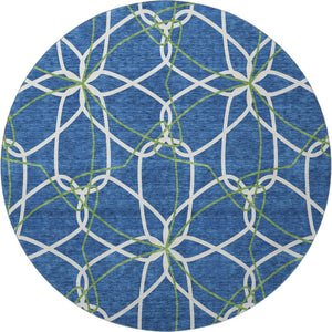 HomeRoots 8' Navy Blue, Ivory & Green Geometric Round Rug - Washable, UV-Protected, Durable for High-Traffic Areas 675519