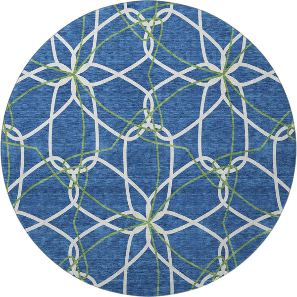 HomeRoots 8' Navy Blue, Ivory & Green Geometric Round Rug - Washable, UV-Protected, Durable for High-Traffic Areas 675519