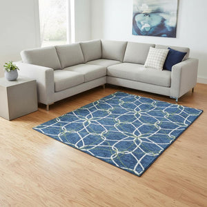 HomeRoots 8' X 10' Navy Blue, Ivory & Green Geometric Area Rug - Washable, Stain Resistant with UV Protection 675520