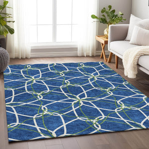 HomeRoots 8' X 10' Navy Blue, Ivory & Green Geometric Area Rug - Washable, Stain Resistant with UV Protection 675520