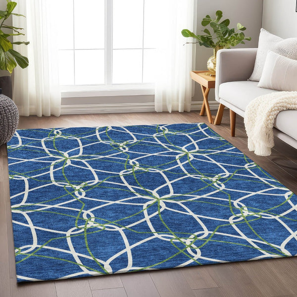 HomeRoots 8' X 10' Navy Blue, Ivory & Green Geometric Area Rug - Washable, Stain Resistant with UV Protection 675520