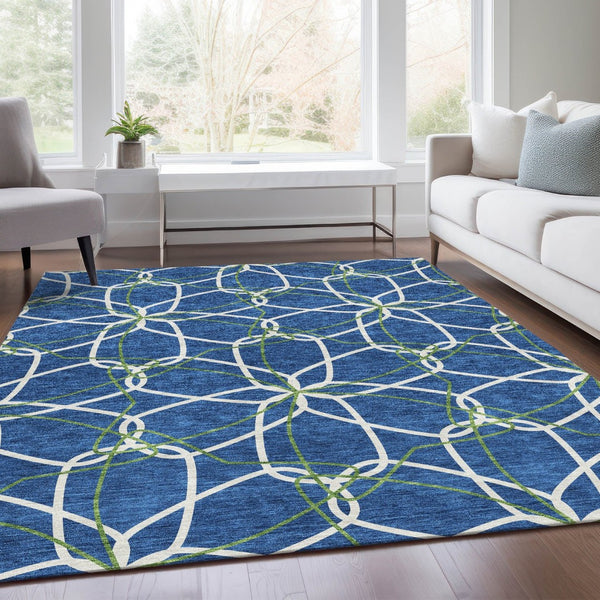 HomeRoots 8' X 10' Navy Blue, Ivory & Green Geometric Area Rug - Washable, Stain Resistant with UV Protection 675520