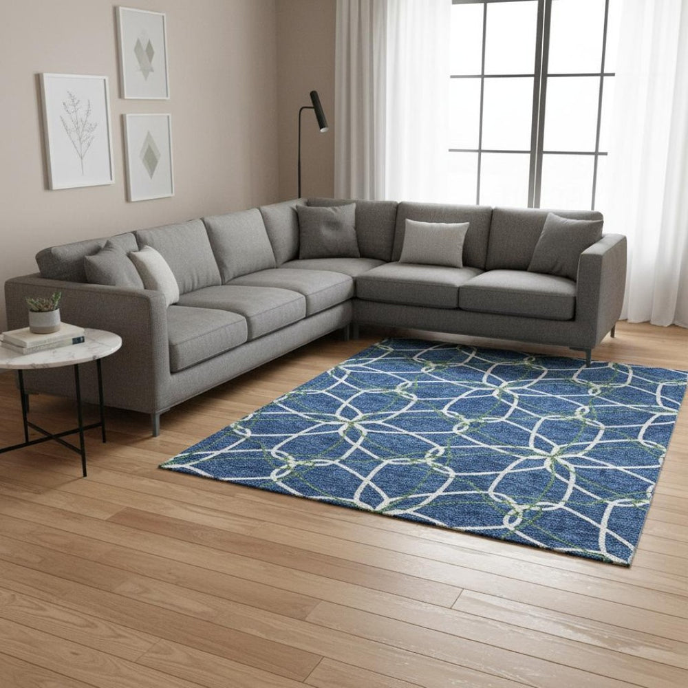 HomeRoots 9' X 12' Washable Navy Blue and Green Geometric Area Rug with UV Protection for Stylish Homes 675521