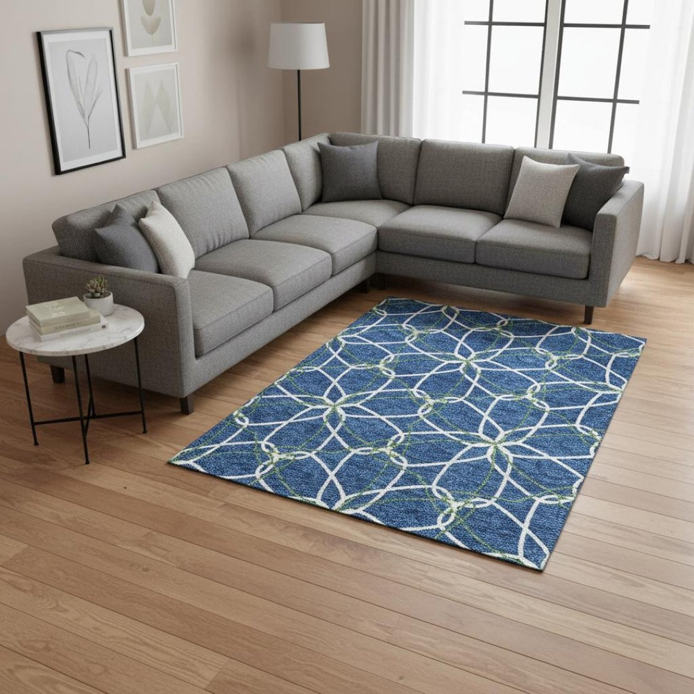HomeRoots 10' X 14' Stylish Navy Blue, Ivory & Green Geometric Area Rug - Washable, UV-Protected & Durable! 675522